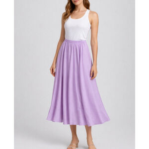 Vince Gathered Silk-Habotai Pull-On Midi Skirt Womens Large Purple Satin Flowy